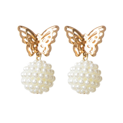 Faux Pearl Ball Gold Tone Butterfly Stud Earrings Women Teens Textured Jewellery-0