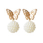 Faux Pearl Ball Gold Tone Butterfly Stud Earrings Women Teens Textured Jewellery-0