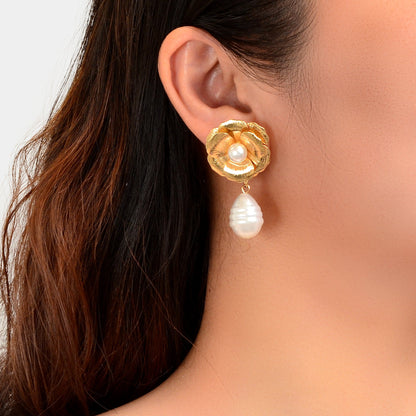 Vintage Luxury Golden Flower Imitation Pearl Waterdrop Pendant Earrings Party Wedding Jewelry-0