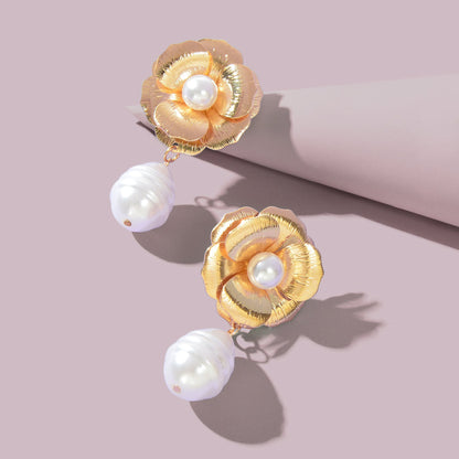 Vintage Luxury Golden Flower Imitation Pearl Waterdrop Pendant Earrings Party Wedding Jewelry-2