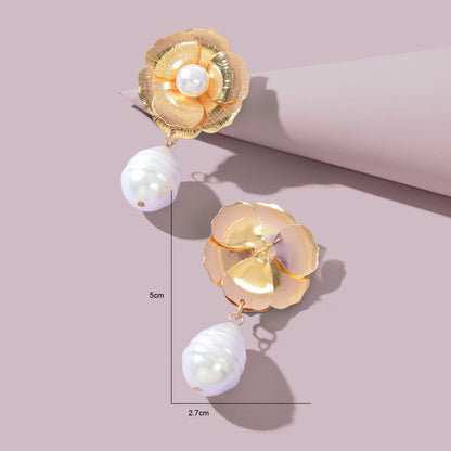 Vintage Luxury Golden Flower Imitation Pearl Waterdrop Pendant Earrings Party Wedding Jewelry-4