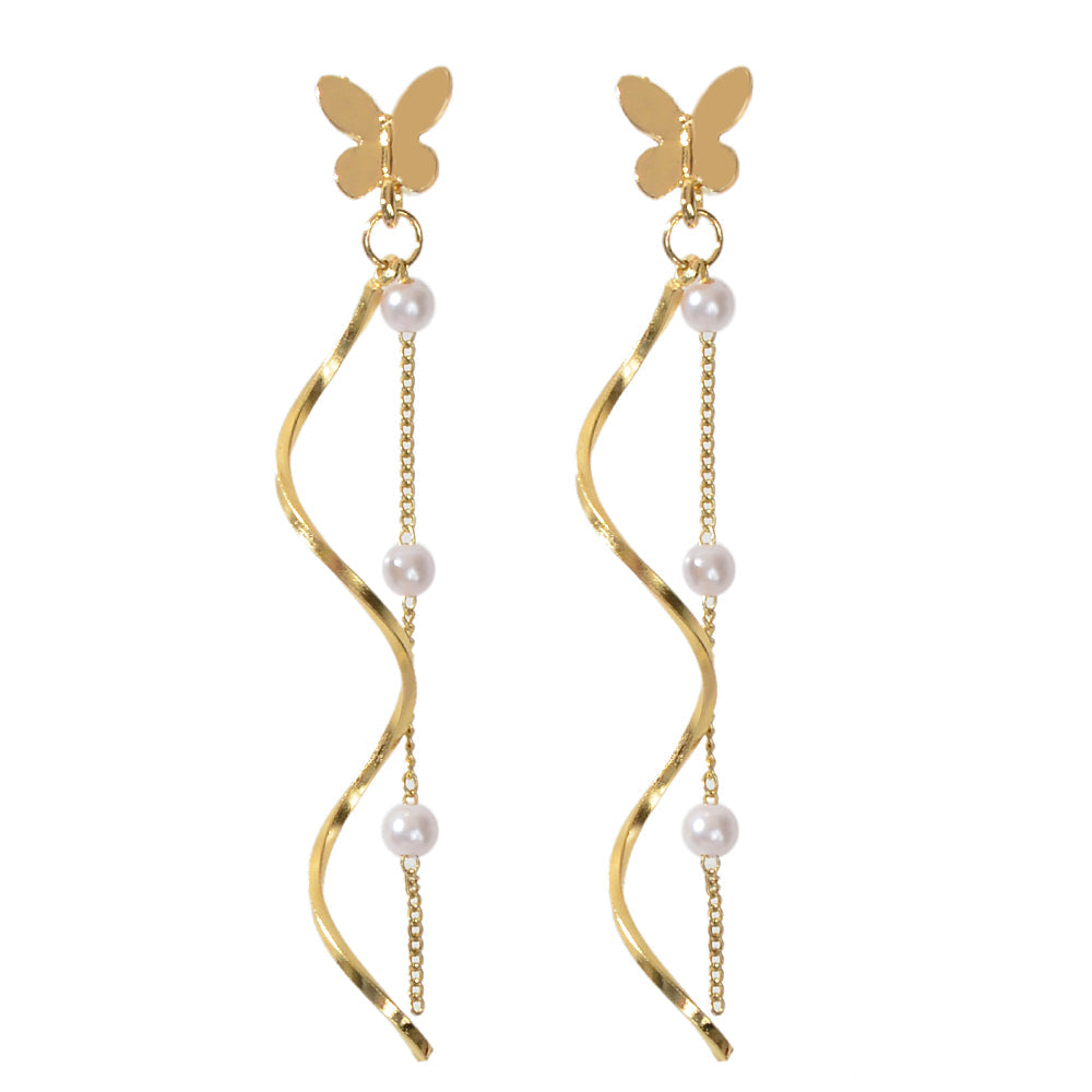 Fashion Pearl Decor Long Gold Chain Butterfly Geometric Dangle Women Earrings-4