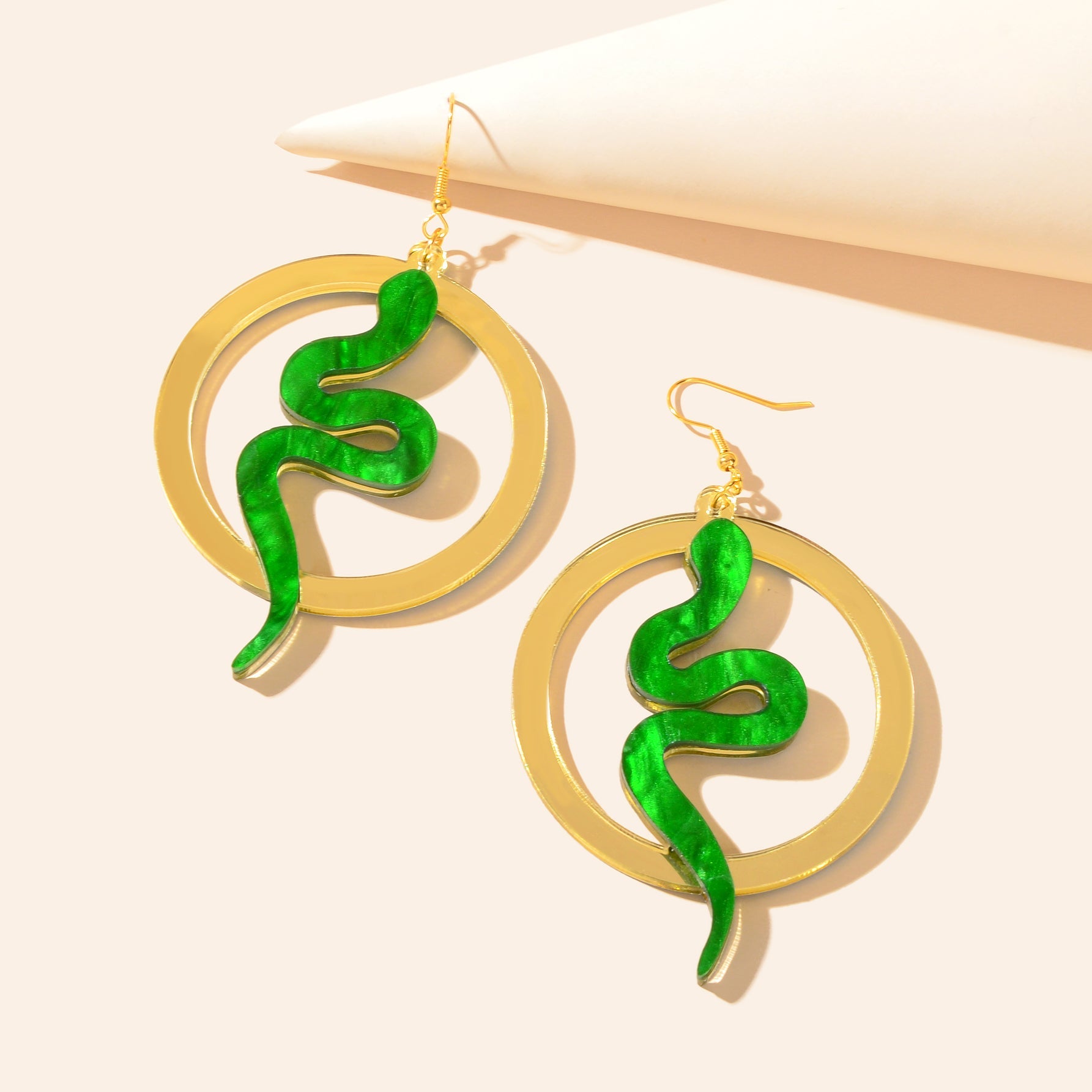 Funky Jewelry Golden Circle Green Snake Acrylic Dangle Earrings Fashion Accessories-1