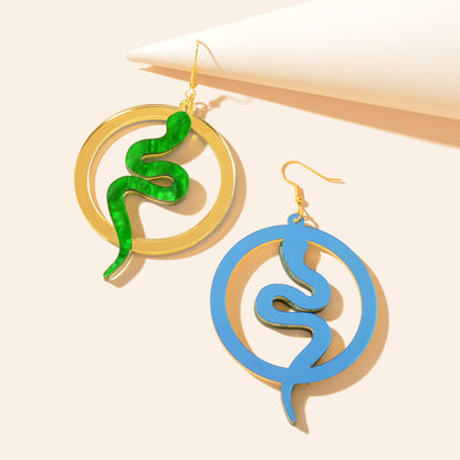 Funky Jewelry Golden Circle Green Snake Acrylic Dangle Earrings Fashion Accessories-2