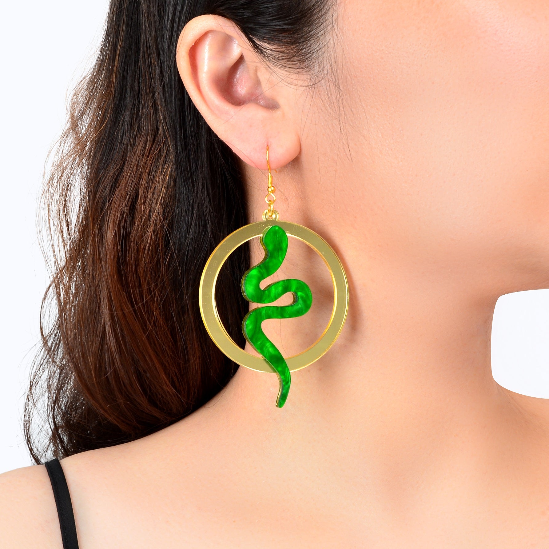 Funky Jewelry Golden Circle Green Snake Acrylic Dangle Earrings Fashion Accessories-0