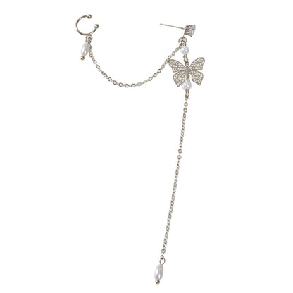 1pc Crystal Pearl Butterfly Long Chain Cartilage Stud Earring Stunning Ear Cuff-5