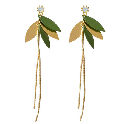 Female Jewellery Gold Green Leaf Long Chain Dangle Pierced Charm Women Earrings-4
