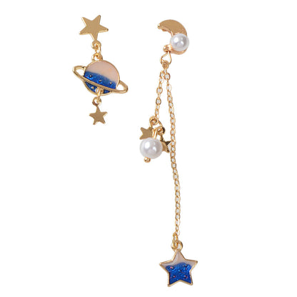 Asymmetric Pearl Star Planet Gold Chain Dangle Pierced Designer Jewelry Earrings-4