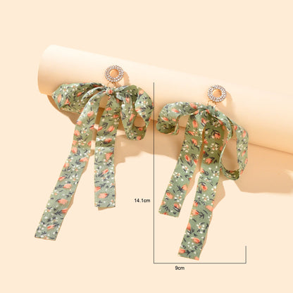 Rural Rhinestone Circle Flower Pattern Fabric Bow Dangle Earrings Beach Vacation Photoshoot Jewelry-2