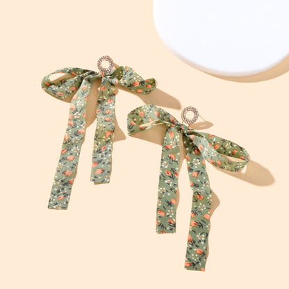 Rural Rhinestone Circle Flower Pattern Fabric Bow Dangle Earrings Beach Vacation Photoshoot Jewelry-4