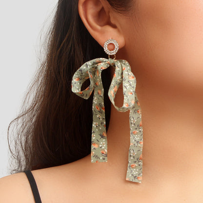 Rural Rhinestone Circle Flower Pattern Fabric Bow Dangle Earrings Beach Vacation Photoshoot Jewelry-0