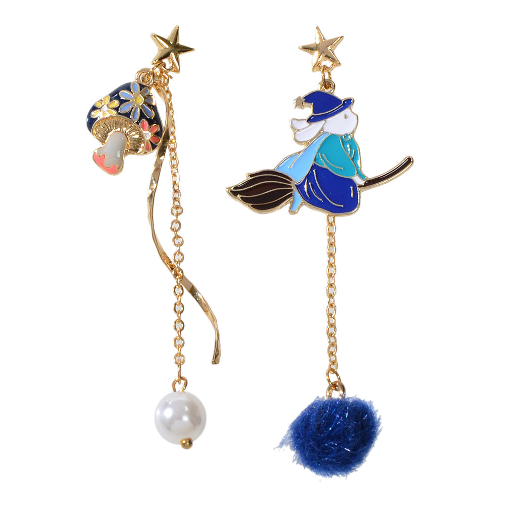 Cartoon Gold Star Colorful Rabbit Mushroom Asymmetric Pearl Blue Ball Earrings-4