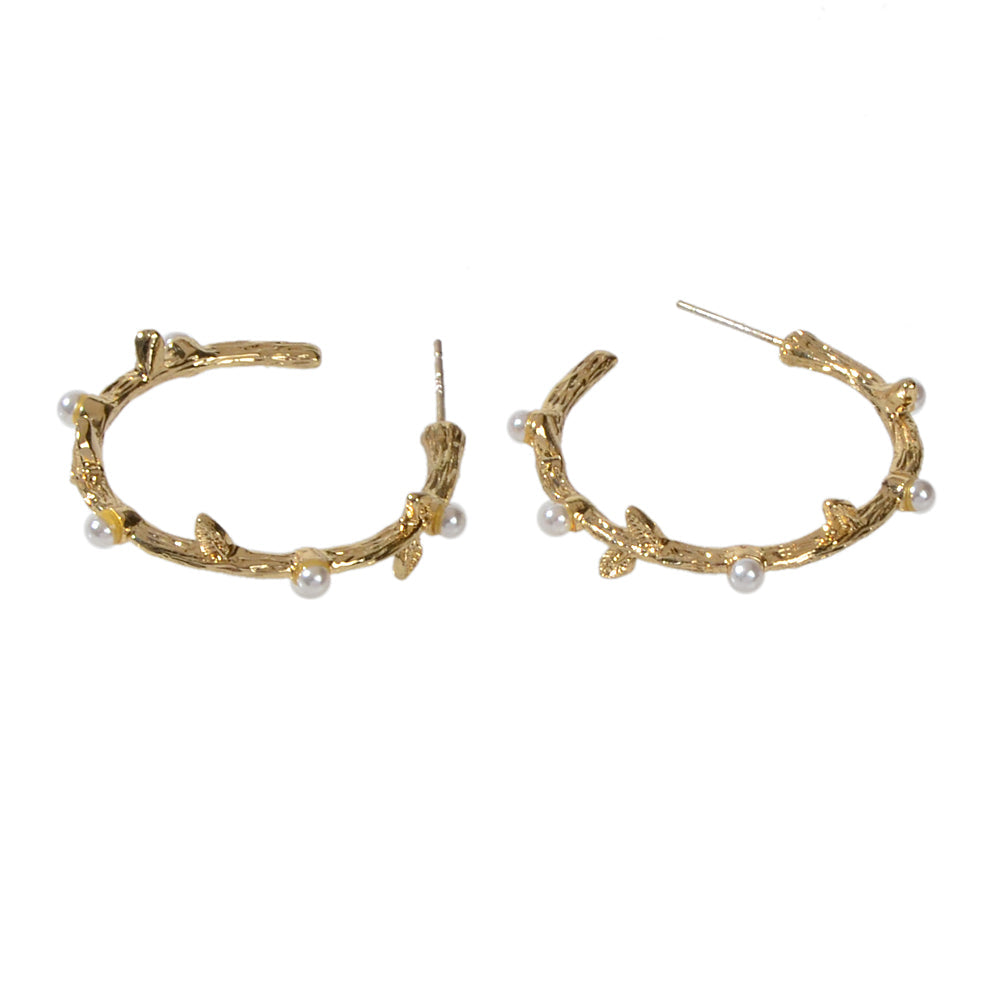Designer Metal Pearl Branch C Shape Hypoallergenic Hoop Earrings Nice Collection-4