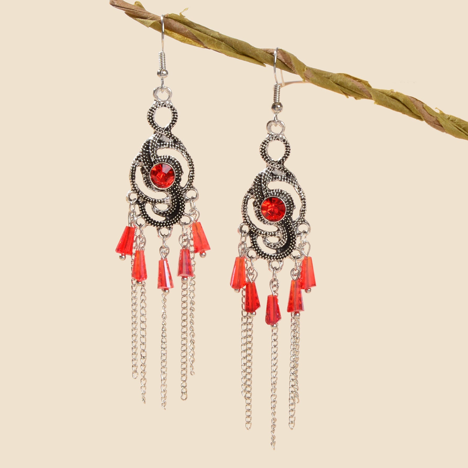 Vintage Imitation Ruby Silvery Tassel Antique Silvery Geometric Dangle Earrings-2