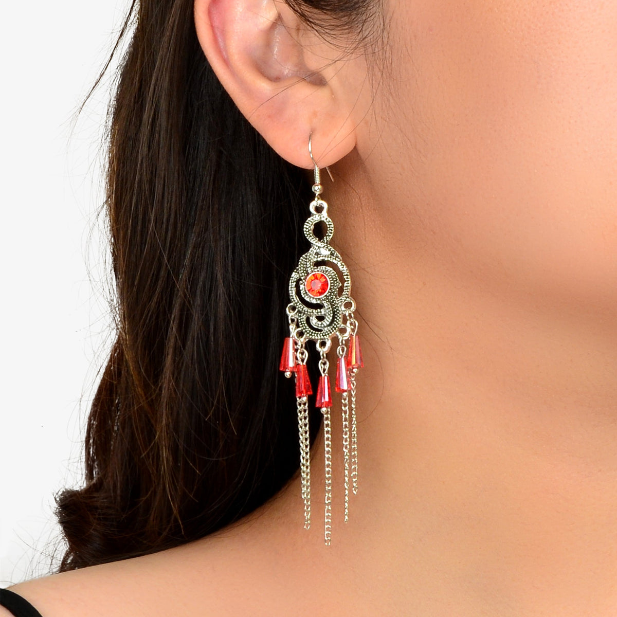 Vintage Imitation Ruby Silvery Tassel Antique Silvery Geometric Dangle Earrings-0