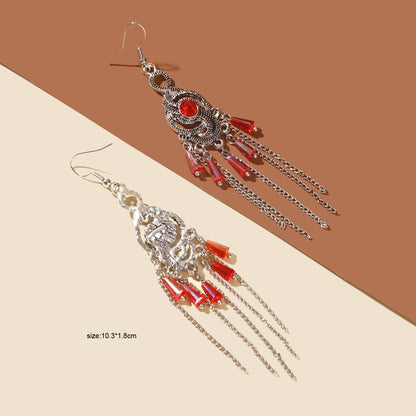 Vintage Imitation Ruby Silvery Tassel Antique Silvery Geometric Dangle Earrings-4