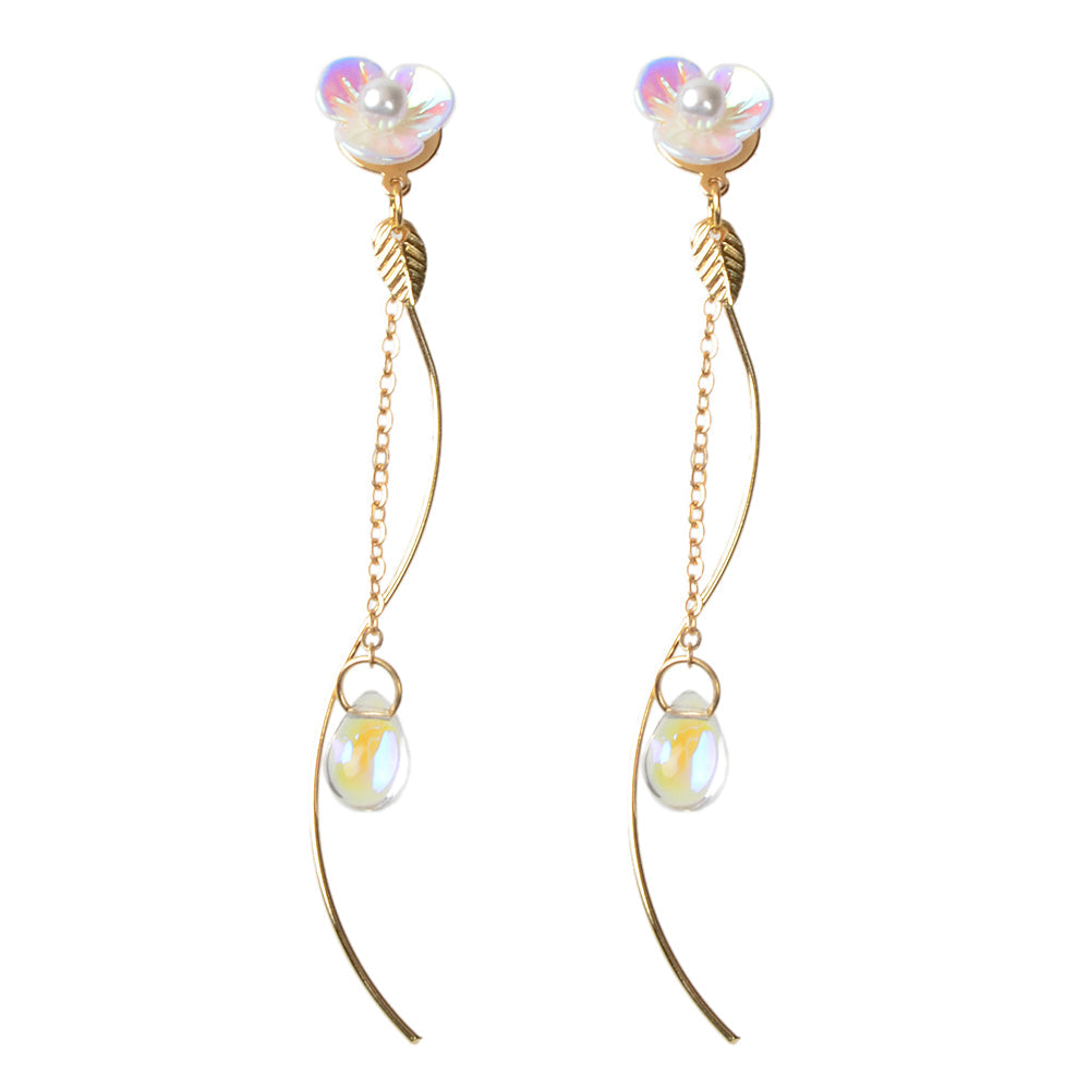 White Flower Gold Chain Dangle Earrings Women Accessories Tassel Stud Jewellery-4