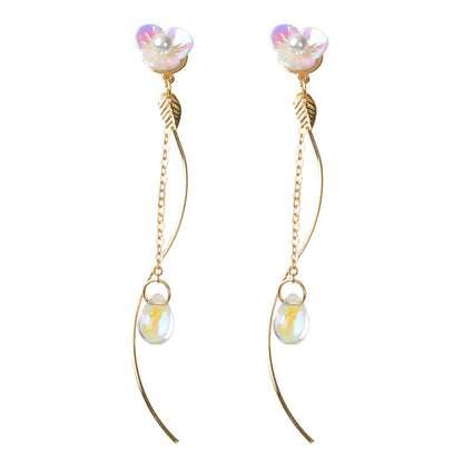 White Flower Gold Chain Dangle Earrings Women Accessories Tassel Stud Jewellery-4