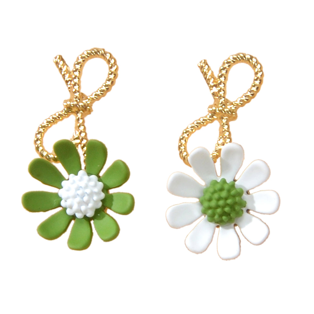 Dainty Gift Women Bow White Green Flower Asymmetric Hypoallergenic Stud Earrings-4