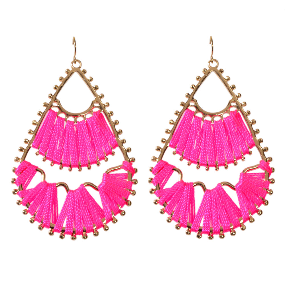 Indian Traditional Handmade Braided Beige Hotpink Ethnic Water Drop Earrings-4