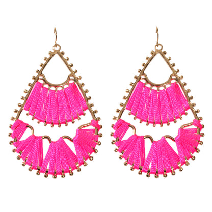 Indian Traditional Handmade Braided Beige Hotpink Ethnic Water Drop Earrings-4