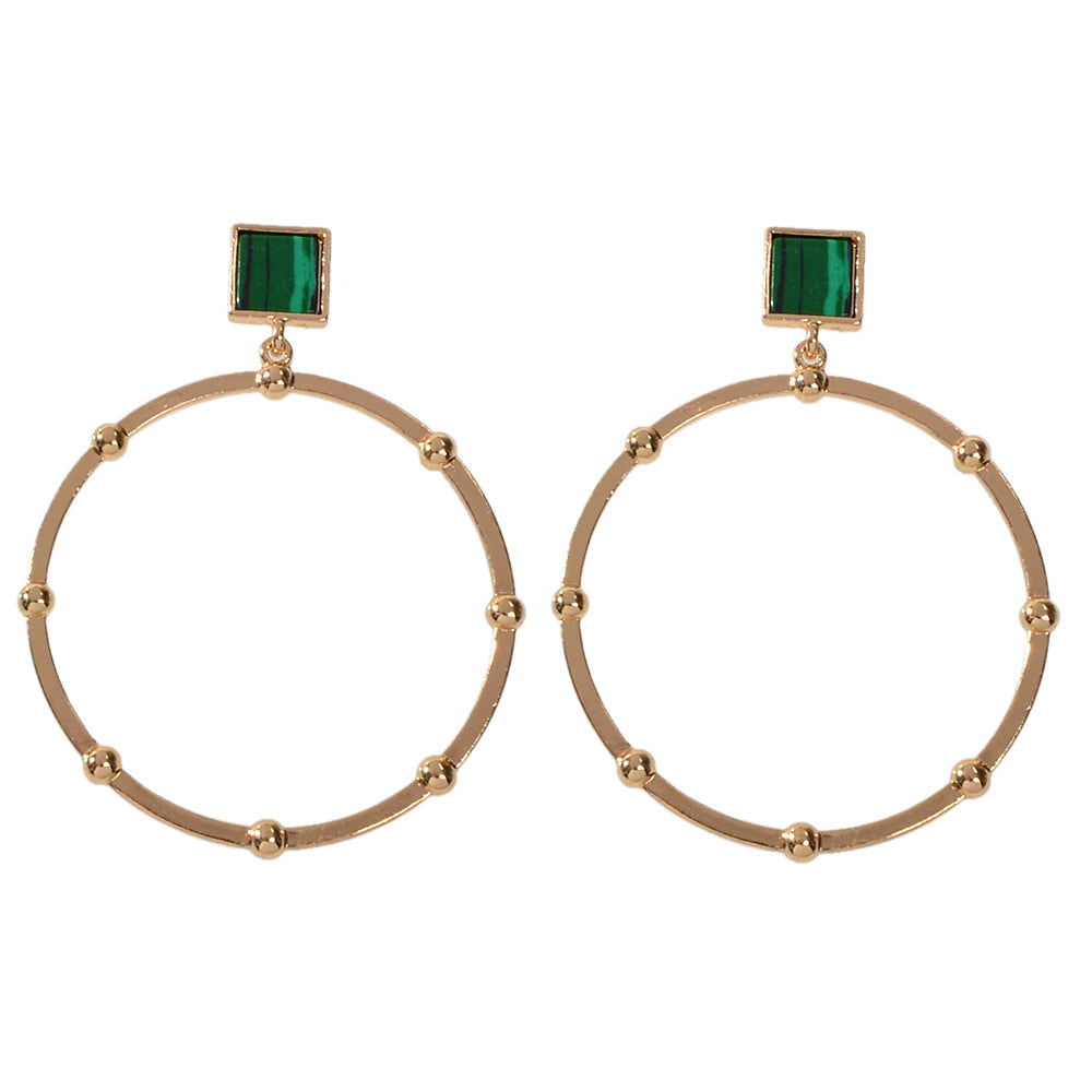 Trendy Jewellery Green Squre Decor Gold Circle Statement Dangle Party Earrings-4