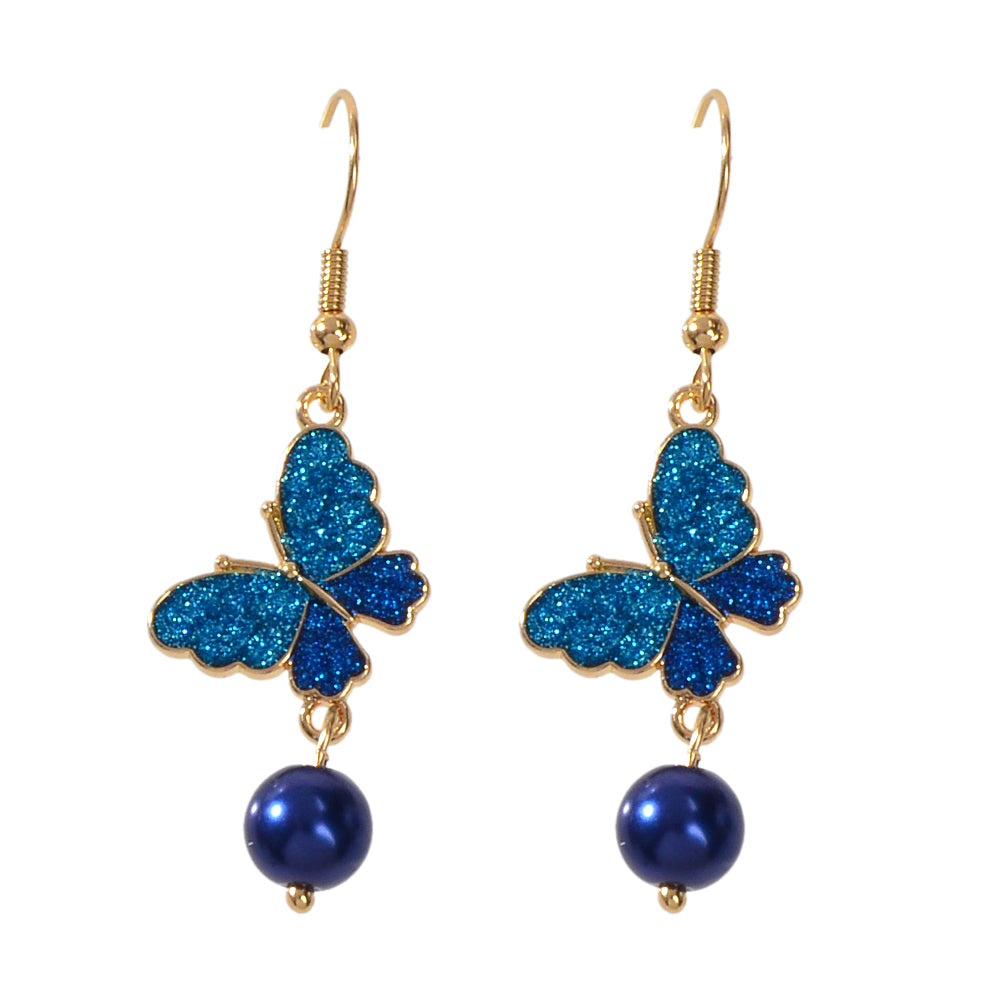 AU Stock Dark Blue Pearl Beads Butterfly Dangle Drop Earrings Bling Jewellery-3