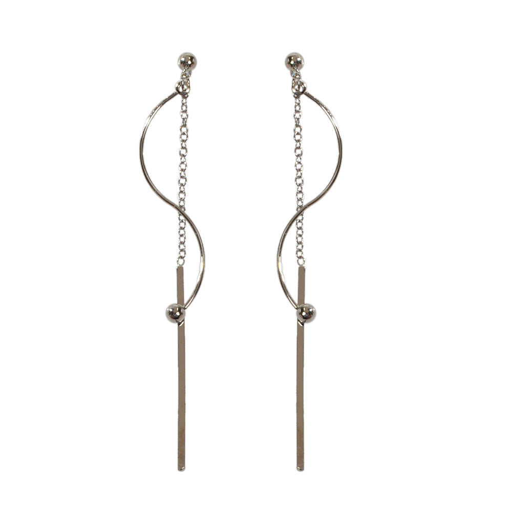Silver Line Chain Geometric Long Curved Bar Tassel Dangle Earrings Thread Stud-1