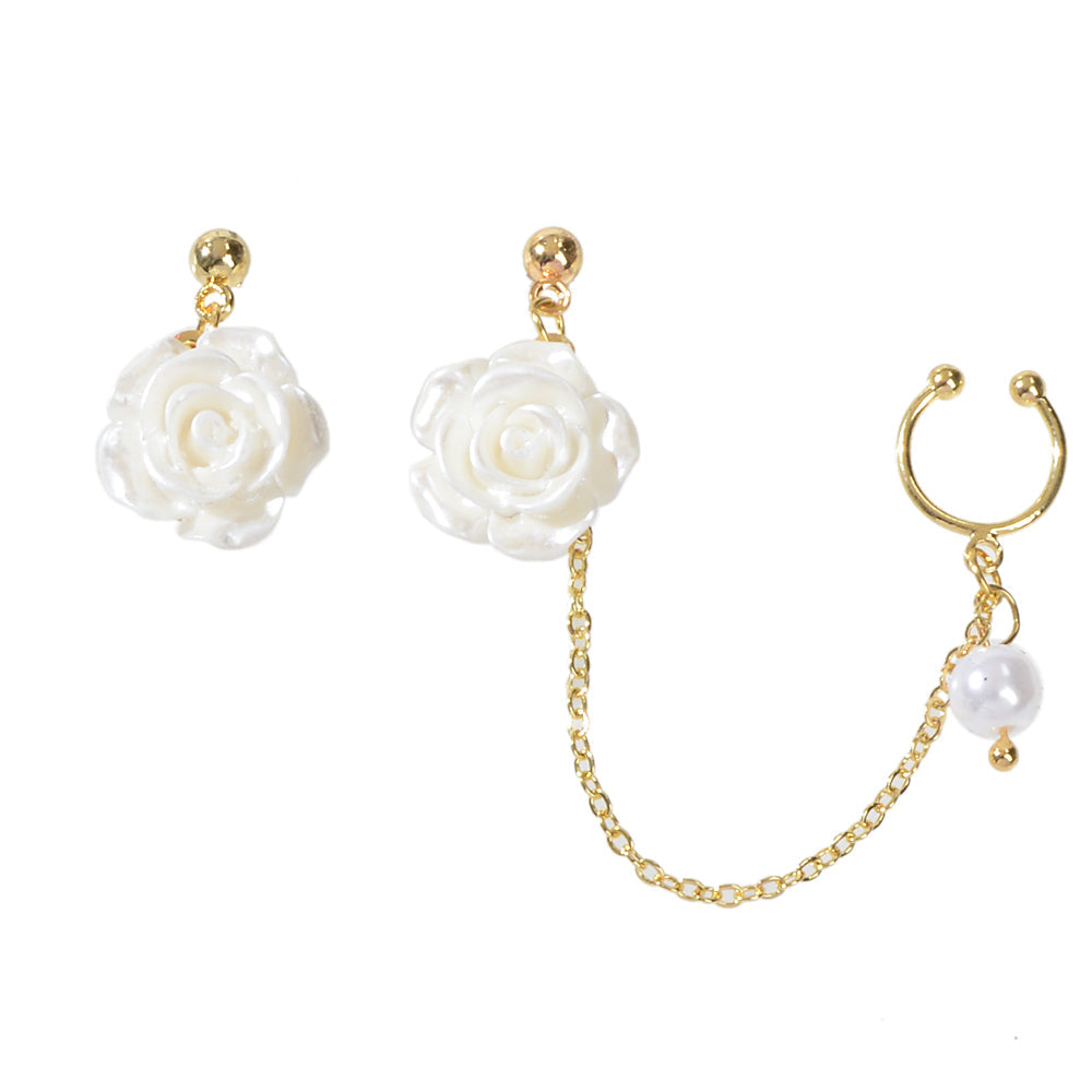 Asymmetric Gold Chain White Flower Stud Earrings Ear Cuff Cartilage Jewellery-3