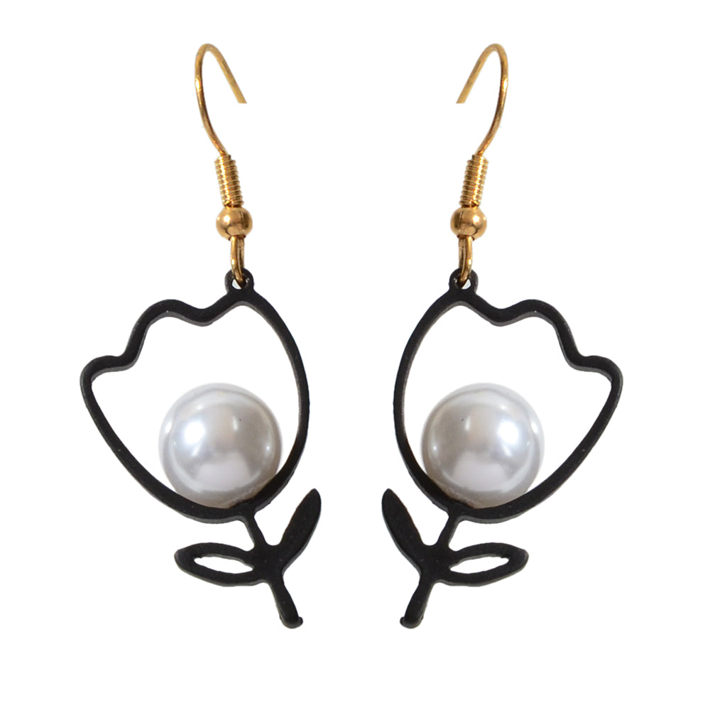 Retro Accessories Pearl Black Flower Dangle Earrings Nice Ladies Teens Jewellery-3