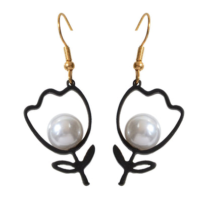 Retro Accessories Pearl Black Flower Dangle Earrings Nice Ladies Teens Jewellery-3