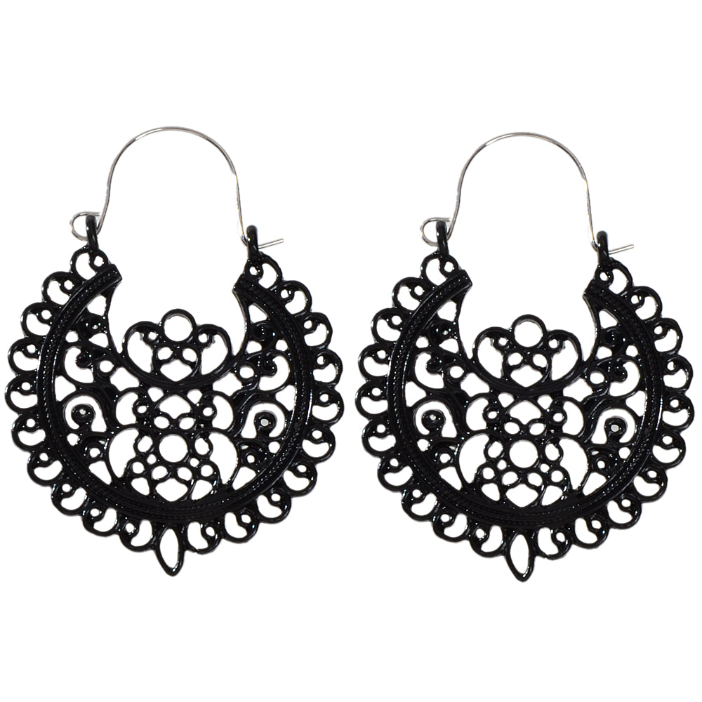 Traditional Black Hollow out Geometric Flower Hoop Earrings Designer Jewellery-3