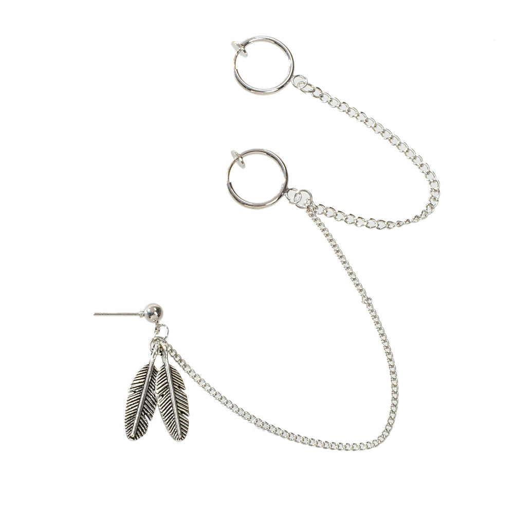 Cartilage Jewellery 1pc Tribal Antique Feather Long Chain Ear Cuff Stud Earrings-3