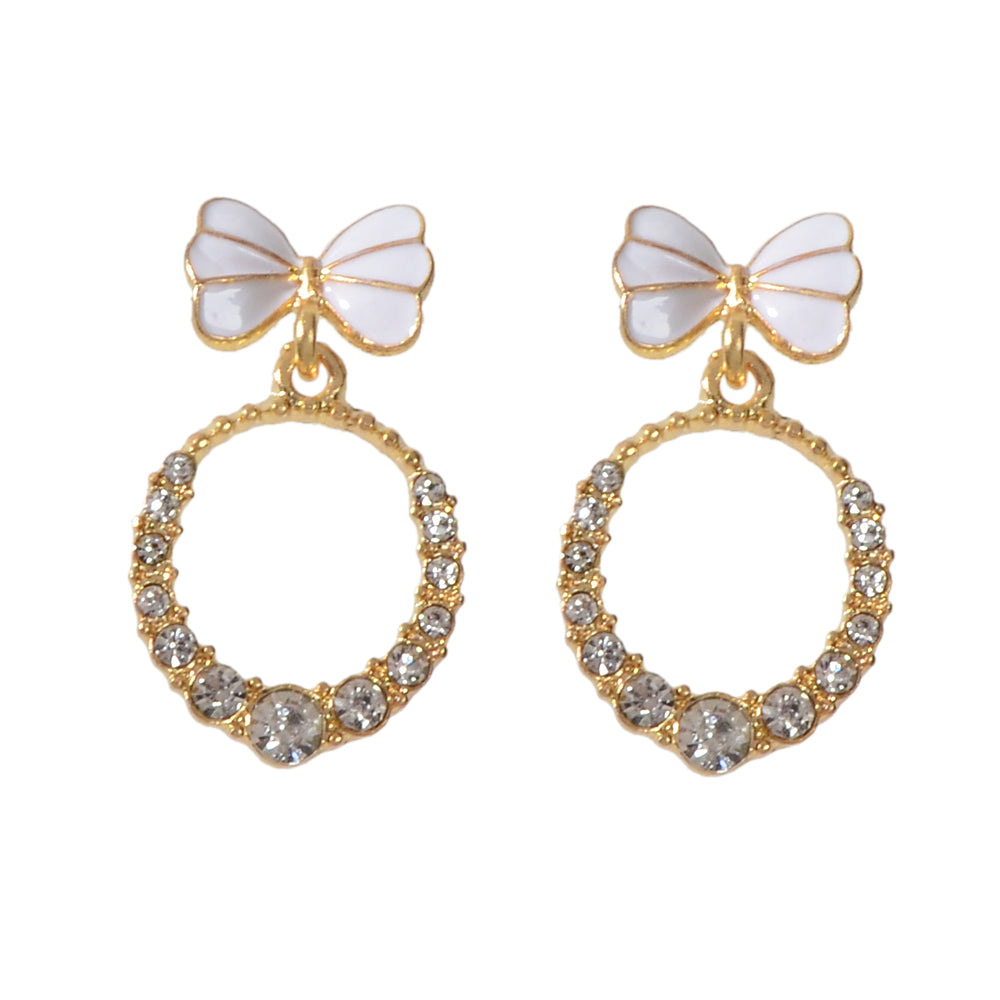 Women Teen Girls White Enamel Bow Rhinestone Circle Stud Lightweight Earrings-3