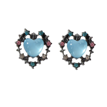 Retro Colorful Rhinestone Blue Opal Heart Love Gift Stud Earrings Female Jewelry-4
