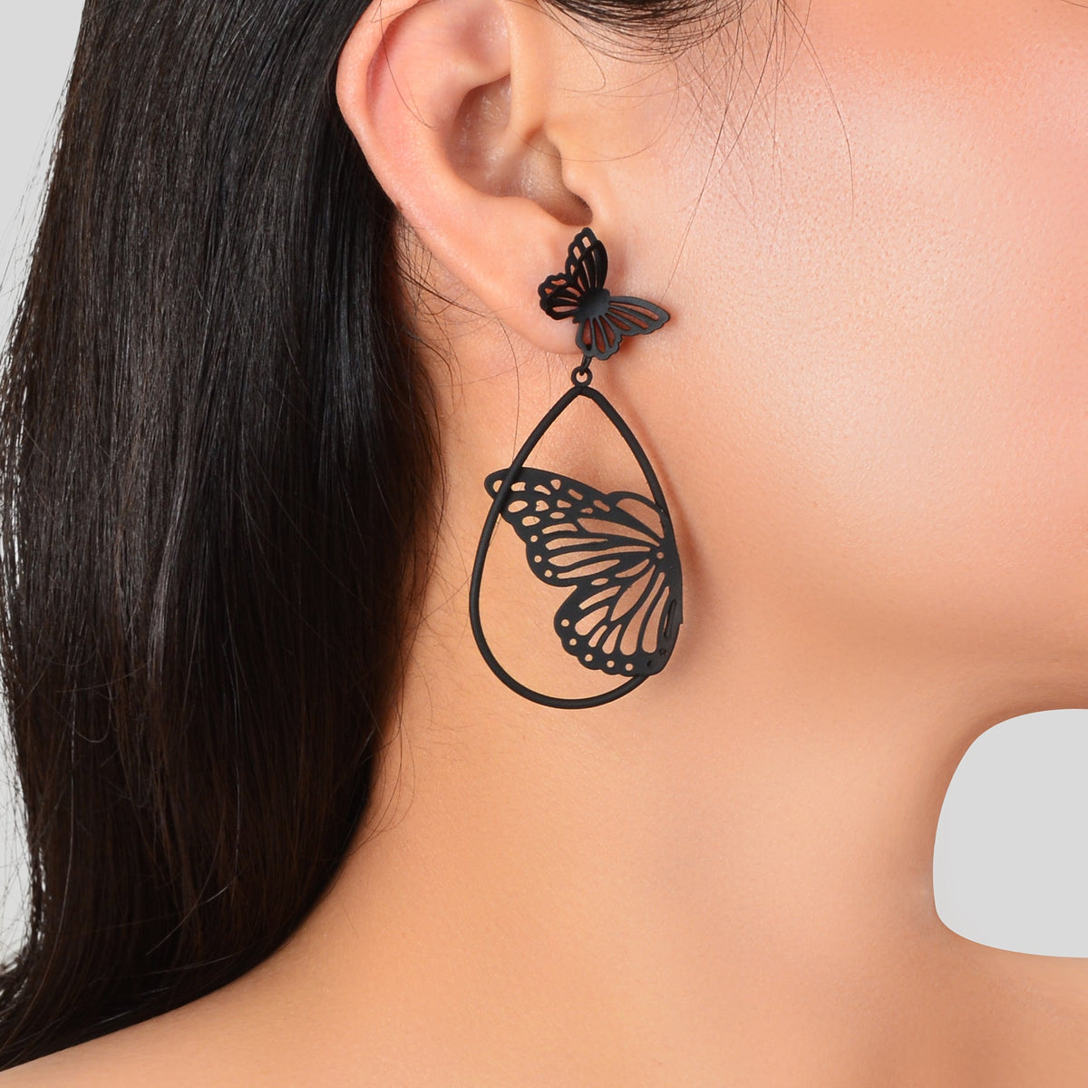 New Retro Black Hollow Butterfly Water Drop Earrings Party Decoration for Women-4