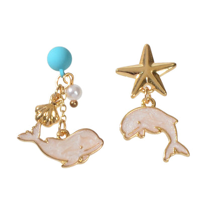 Nautical Jewelry Blue Beads Star Shell Dolphin Asymmetric Dangle Ocean Earrings-4