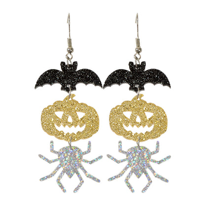 Halloween Gothic Acrylic Black Bat Spider Pumpkin Statement Drop Earrings Party-4