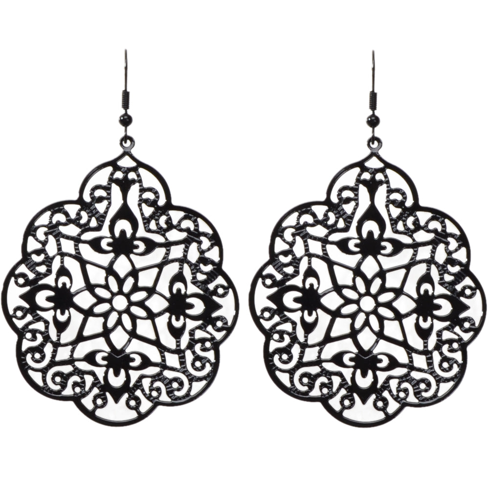 Retro Black Hollow out Geometric Pattern Big Vintage Drop Dangle Party Earrings-3
