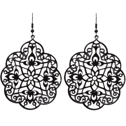Retro Black Hollow out Geometric Pattern Big Vintage Drop Dangle Party Earrings-3