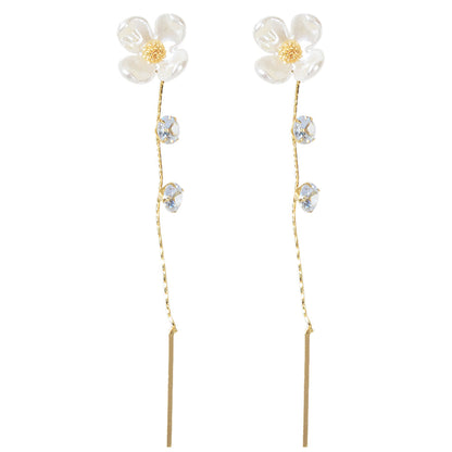 Designer Jewellery Rhinestone White Flower Long Chain Bar Charm Dangle Earrings-3