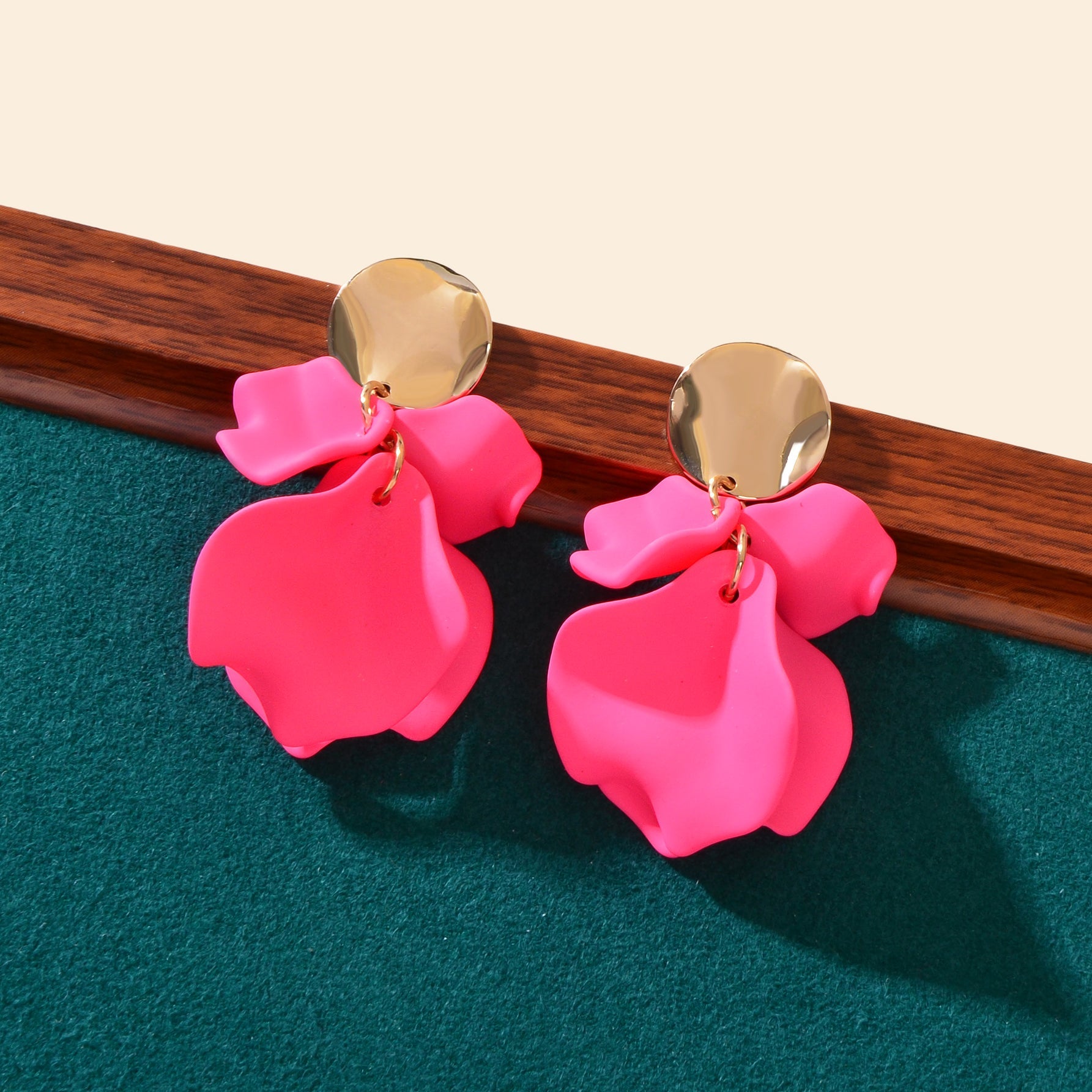 Romantic Gold Disc Decor Hot Pink Flower Petal Stud Earrings Women Jewelry Gift-1