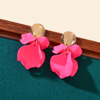 Romantic Gold Disc Decor Hot Pink Flower Petal Stud Earrings Women Jewelry Gift-1