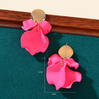 Romantic Gold Disc Decor Hot Pink Flower Petal Stud Earrings Women Jewelry Gift-3