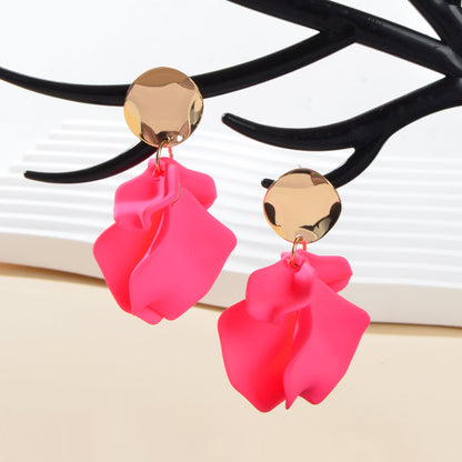 Romantic Gold Disc Decor Hot Pink Flower Petal Stud Earrings Women Jewelry Gift-4