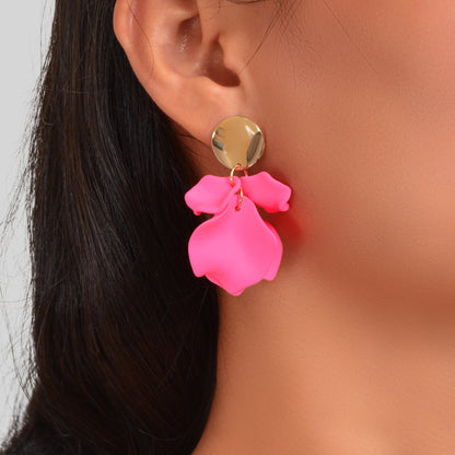 Romantic Gold Disc Decor Hot Pink Flower Petal Stud Earrings Women Jewelry Gift-0