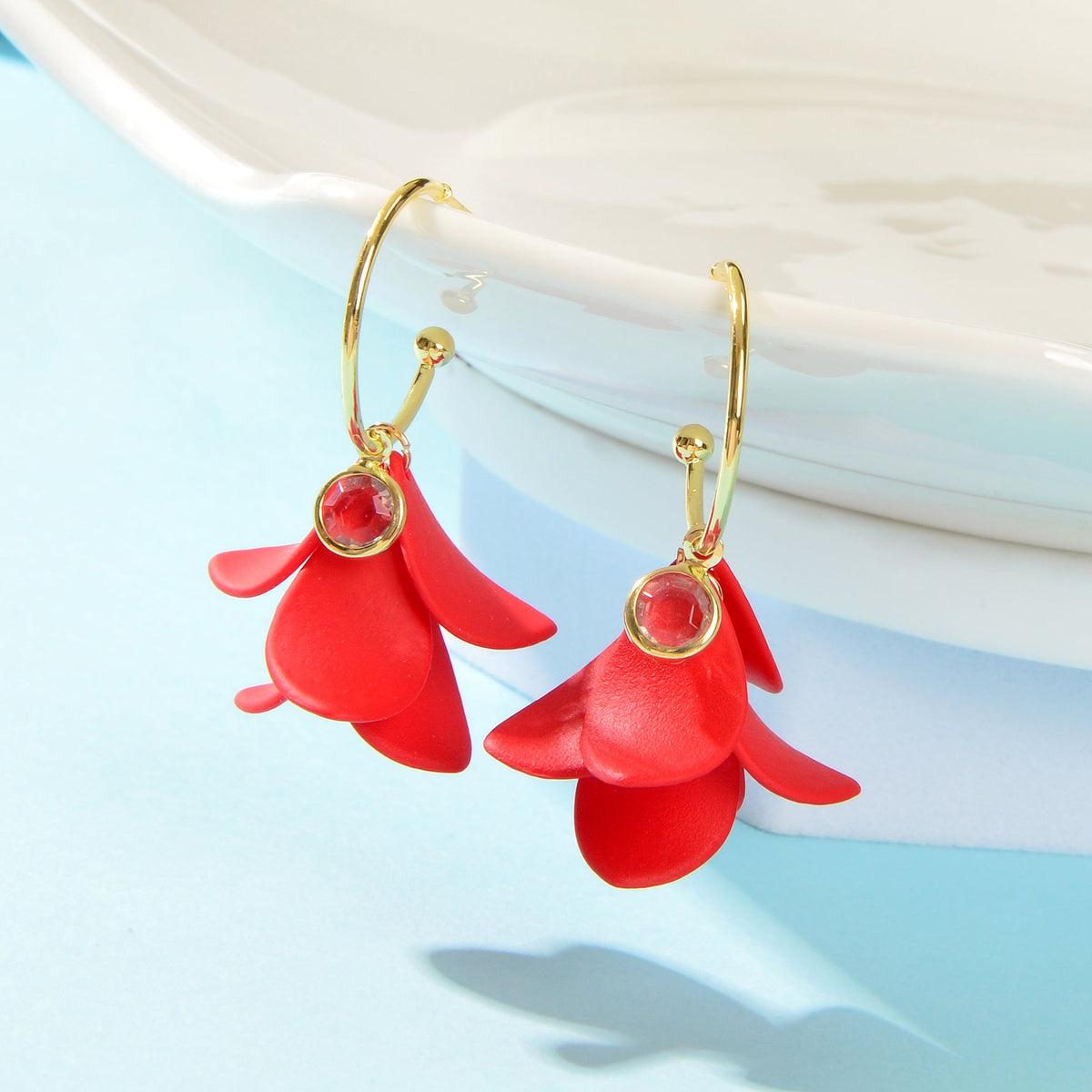 Graceful Red Flower Petal Hoop Stud Earrings for Women Party Dating Jewelry-1