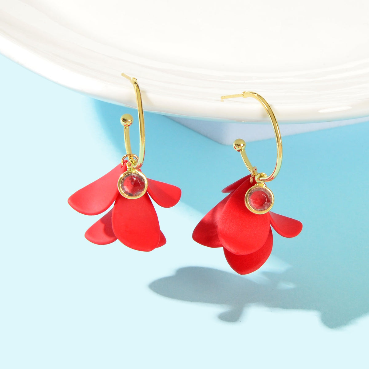 Graceful Red Flower Petal Hoop Stud Earrings for Women Party Dating Jewelry-2