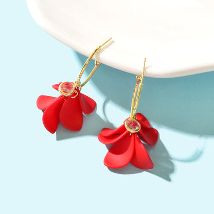 Graceful Red Flower Petal Hoop Stud Earrings for Women Party Dating Jewelry-3