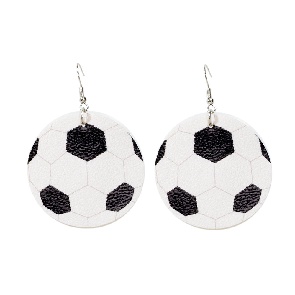 Unique Black White Leather Round Football Soccer Drop Statement Party Earrings-3